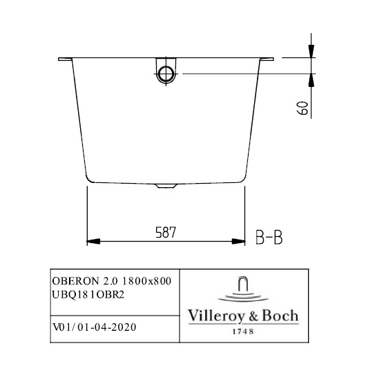 квариловая ванна villeroy & boch oberon 2.0 180х80 ubq181obr2dv-01, белый alpin