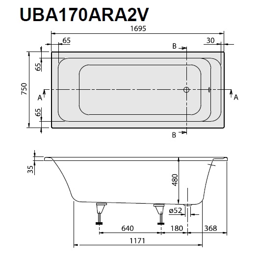акриловая ванна villeroy & boch omnia architectura uba170ara2v-01 прямоугольная 170 х 75 см, белый