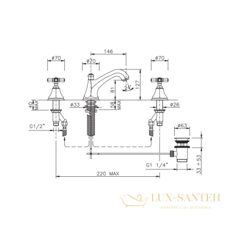 смеситель для раковины, nicolazzi teide, 1908bz05, на 3 отверстия, с донным клапаном, бронза