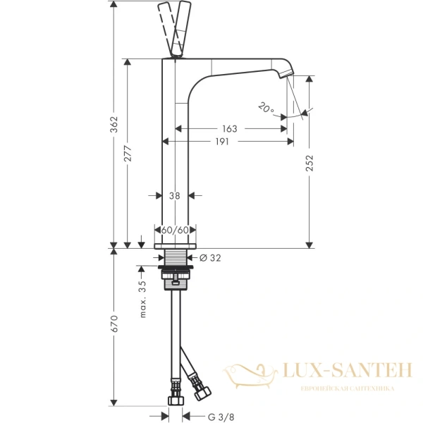 смеситель для раковины 250, axor citterio, 36104000, с донным клапаном, хром