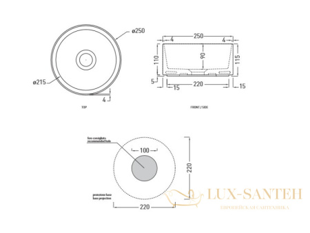 раковина накладная, cielo, shui comfort minimo milat cm, 250x250x115h мм,  без отверстия для смесителя, без перелива, cemento