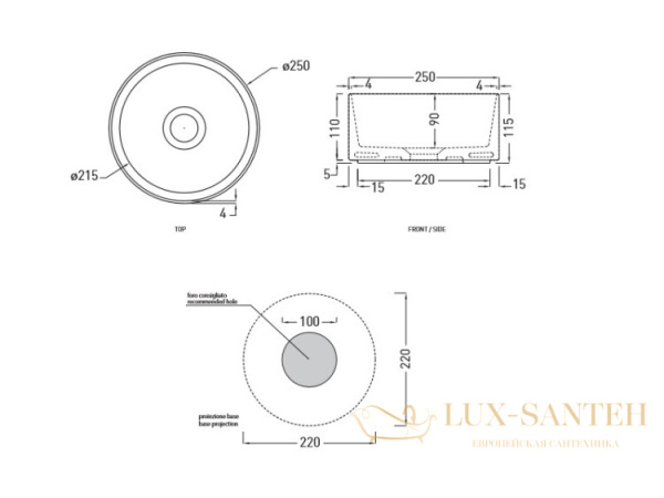 раковина накладная, cielo, shui comfort minimo milat, 250x250x115h мм,  без отверстия для смесителя, без перелива, белый глянцевый 