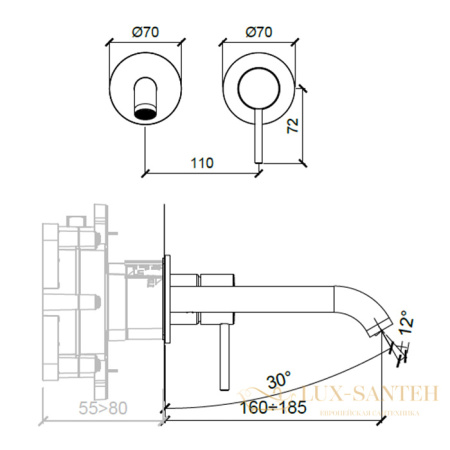 смеситель для раковины встраиваемый almar e210054.hb, внешняя часть, излив 160-185 латунь брашированная pvd