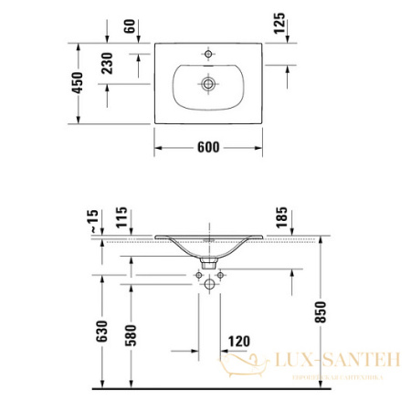 раковина встраиваемая сверху duravit viu 0385600000 600х450 мм, белый