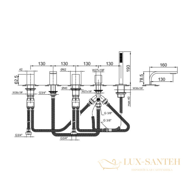 смеситель на борт ванны fantini venezia in, 29 01 n565s, 5 отверстий, с ручным душем, излив 160 мм, золото плюс