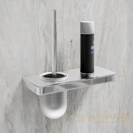 ёршик для унитаза lemark glass line 9761031 с держателем и полкой, хром/белое стекло