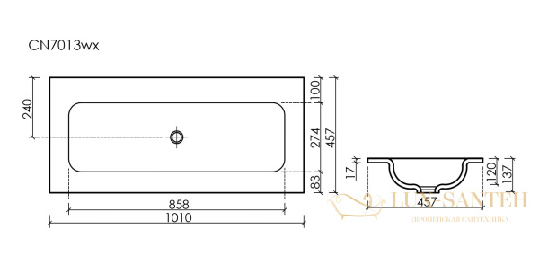 раковина встраиваемая сверху ceramica nova grace cn7013wx, без отверстий под смеситель, 1010*457*137мм, белый