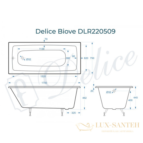 ванна чугунная delice biove 170х75 dlr220509, белый глянцевый