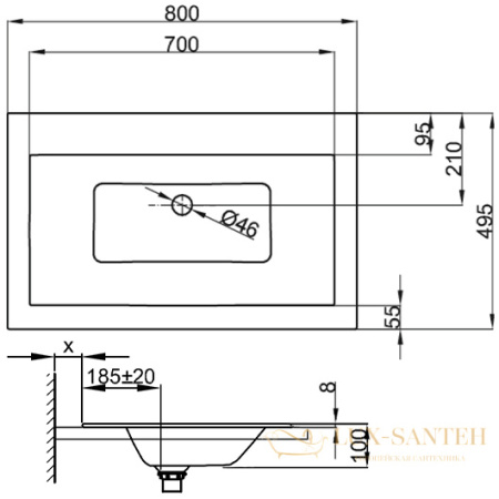 раковина встраиваемая сверху bette loft a230-000 800х495 мм без отверстия под смеситель, белый