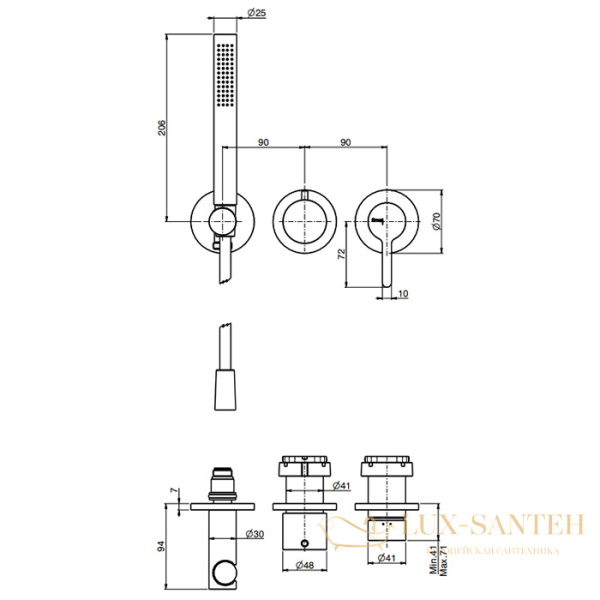 смеситель для душа встраиваемый fima carlo frattini snap f3129wx8cs, с душевым набором, на 2 выхода, черный хром брашировыанный