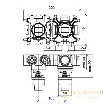 встраиваемая часть almar modular e186902, термостатического смесителя на 3 выхода, горизонтальный монтаж