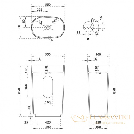 раковина напольная пристенная abber stein as2502-h, горизонтальный выпуск, 55х36х85h, белый матовый