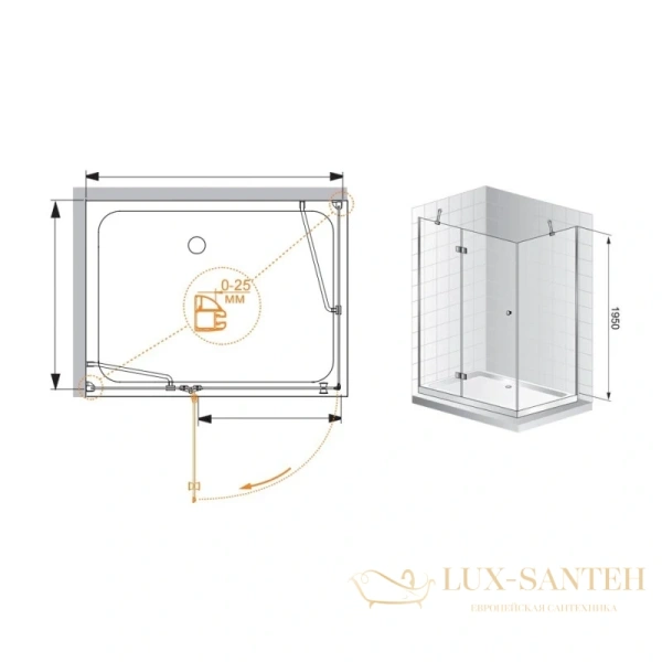 душевой уголок cezares verona-ah-1 verona-w-ah-1-120/100-p-cr-r 120x100 см, стекло рифленое