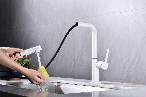 смеситель для кухни с выдвижным изливом paulmark neo ne214419-431, белый матовый