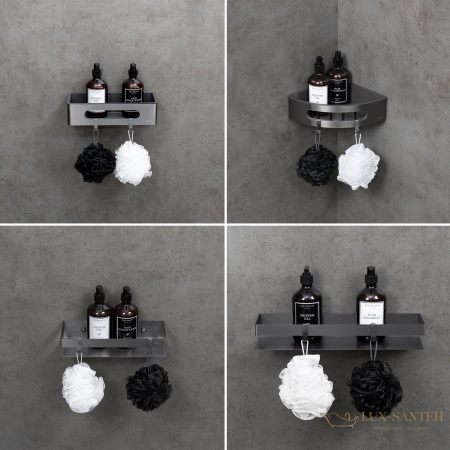 полка для душа lemark shelf line 9776045, 295 мм, с крючками и вставкой из пластика, графит