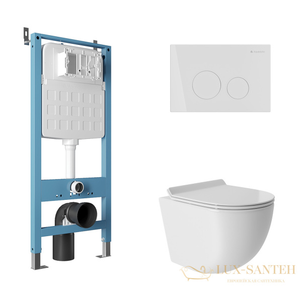 комплект aqueduto aqds085t, инсталляция tecnica novo, панель смыва circulo, белая, унитаз ovo, сиденье микролифт, белый