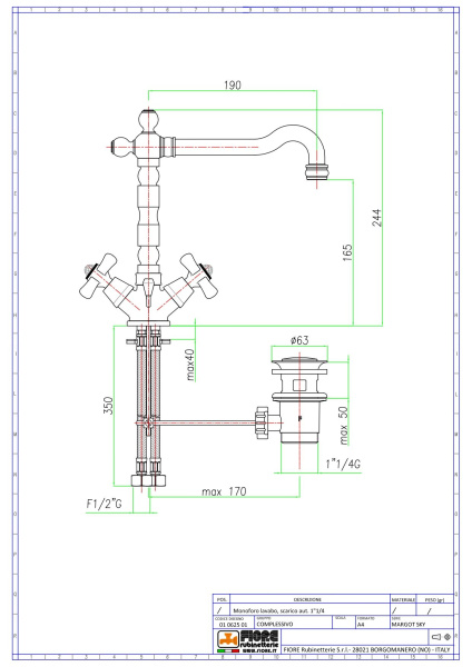 смеситель fiore margot sky 01cr0625 для раковины с донным клапаном, хром-swarovski