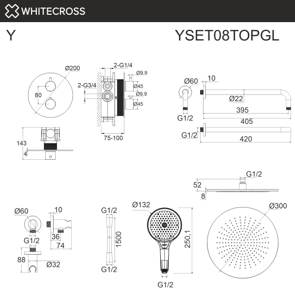 термостатическая душевая система скрытого монтажа whitecross y, yset08topgl, золото глянцевое