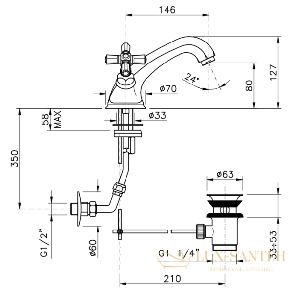 смеситель для раковины, nicolazzi teide four, 1932bz45, с донным клапаном, бронза