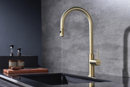 смеситель для кухни под фильтр с выдвижным изливом paulmark galant ga213077-sbg, золото светлое брашированное