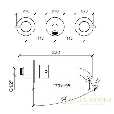 смеситель для раковины встраиваемый на 3 отверстия almar e210057.cr, излив 170-195 мм,  без донного клапана, хром