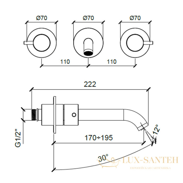смеситель для раковины встраиваемый на 3 отверстия almar e210057.nb, излив 170-195 мм,  без донного клапана, никель брашированный