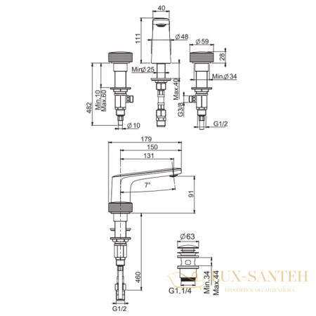 смеситель для раковины, fima|carlo frattini texture collection, f5601hcr, на 3 отверстия, ручки "h" без накладок, с донным клапаном click-clack, цвет