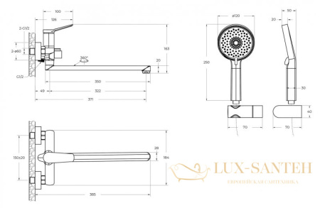 смеситель для ванны belbagno unique-vasm-l-crm, излив 350 мм, с ручным душем, хром глянцевый глянцевый 