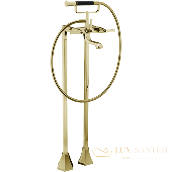 cisal cherie, cf0042007c, смеситель напольный двухвентильный для ванны с ручной лейкой, держателем и шлангом 150 см, цвет золото х черный матовый