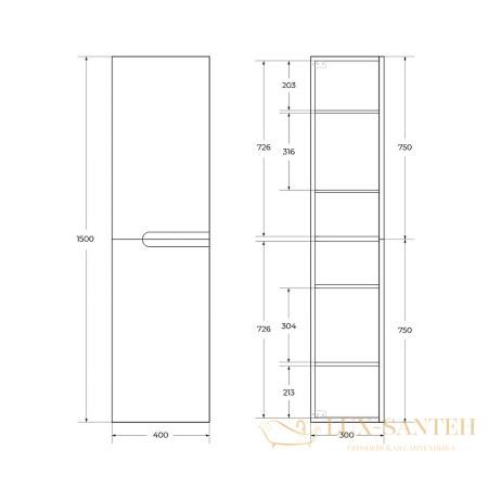 шкаф пенал cezares duet duet-1500-2a-sc-bo 40 см подвесной, bianco opaco
