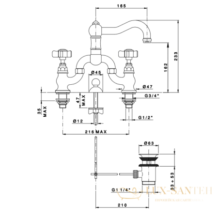 смеситель для раковины, nicolazzi dames anglaises, 1419cr18, мостовой, с донным клапаном, хром