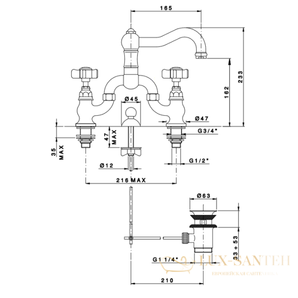 смеситель для раковины, nicolazzi el capitan, 1419cr69, мостовой, с донным клапаном, хром
