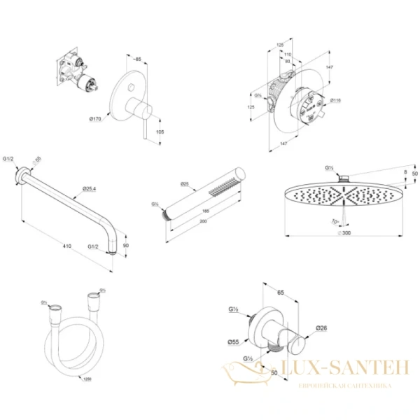 комплект для душа kludi bozz 386585376, 7 в 1 верхний душ 300 мм белый матовый