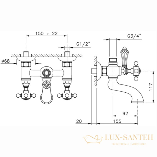 смеситель для ванны nicolazzi dames anglaises, 1400gb18, вывод сверху 3/4" (для душевой стойки), золото