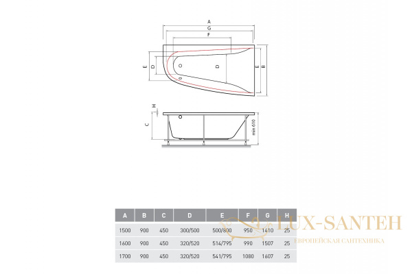 ванна акриловая vayer boomerang (eh) 170x90 r