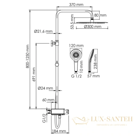 душевая система wasserkraft aller a113.116.101.ch thermo 300 мм, хром