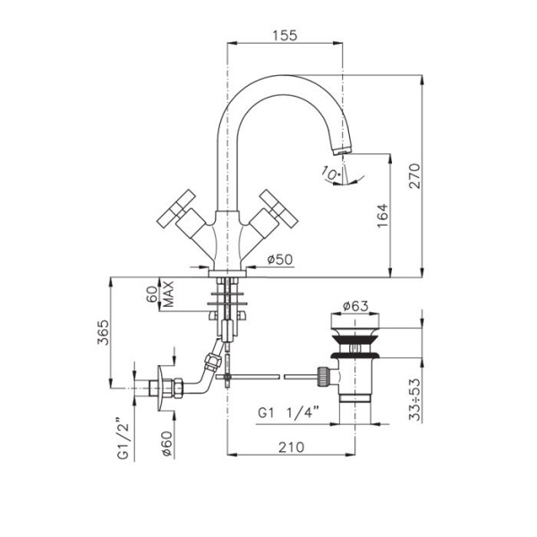 смеситель для раковины, nicolazzi monte croce, 2236ns27, на 1 отверстие, излив 155, матовый никель