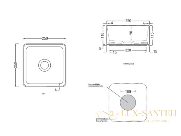 раковина накладная, cielo, shui comfort minimo milaq ln, 250x250x115h мм,  без отверстия для смесителя, без перелива, lino