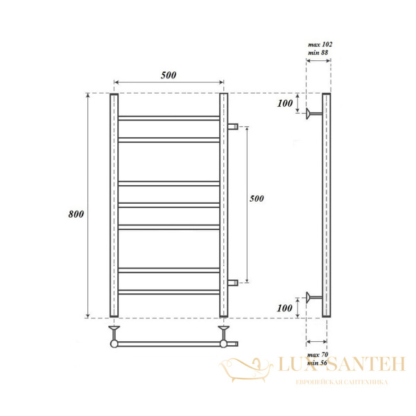 полотенцесушитель 500x800 водяной point аврора pn10558 п7 с боковым подключением 500, хром