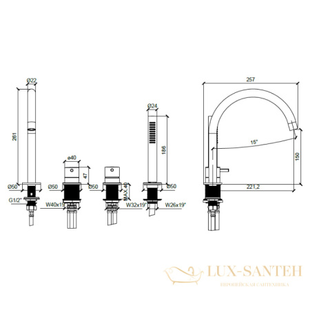 смеситель на борт ванны almar mixers e214006.cr, на 4 отверстия, с душевым комплектом, хром