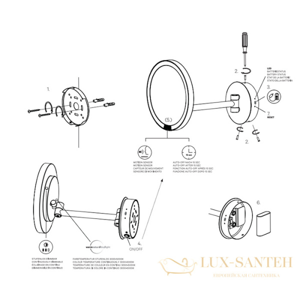 косметическое зеркало  подвесное 215 мм, decor walther round just look wr led, 0125860, увеличение x5, с аккумулятором, черный матовый
