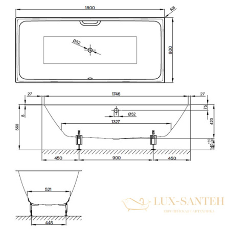 ванна bette loft 3172-000 plus 1800х800 мм шумоизоляция, антигрязевое покрытие, белый
