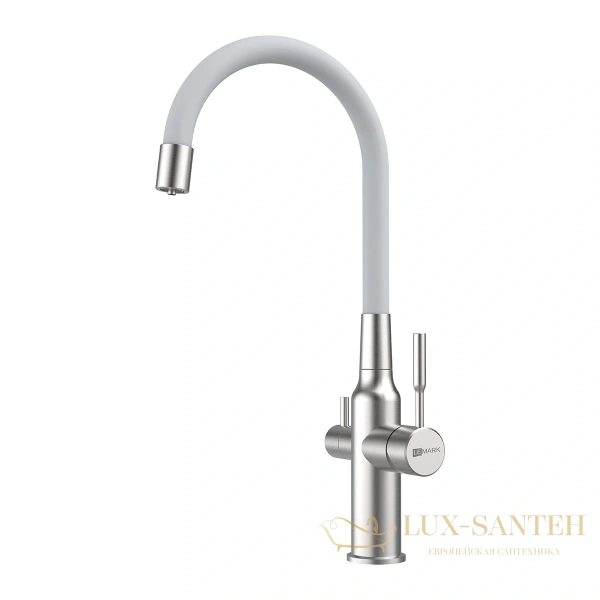 смеситель для кухни lemark expert lm5083s-white, с гибким изливом и подключением к фильтру с питьевой водой, нержавеющая сталь/белый