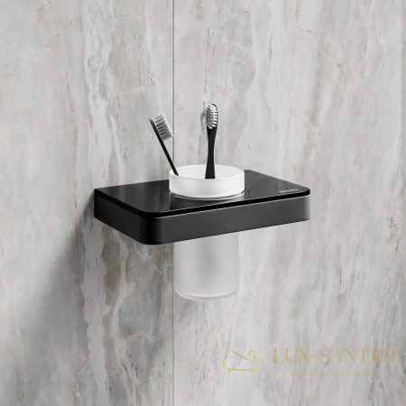 стакан для зубных щёток lemark glass line 9732036 с держателем, черный матовый/черное стекло