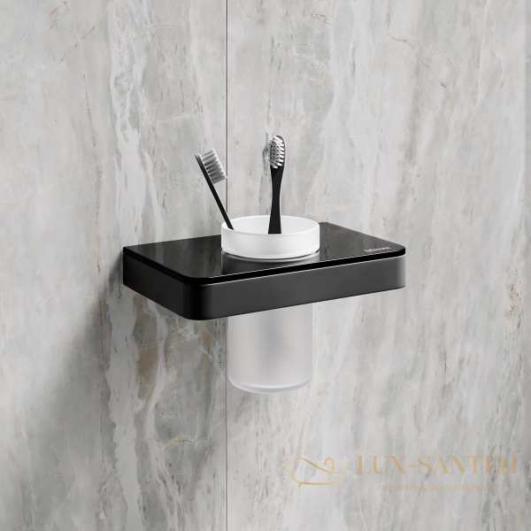 стакан для зубных щёток lemark glass line 9732036 с держателем, черный матовый/черное стекло