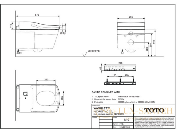 сиденье-биде toto neorest ac, tcf996rwg#nw1, 423x675x119 мм, с дистанционным управлением, для унитаза: ac cw996p, цвет белый