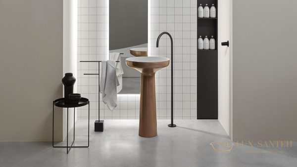 раковина напольная, antonio lupi ago, ago85, ø50хh85 см, без перелива, с донным клапаном (хром), сифоном, слив в пол,из материала: flumood, белый глян