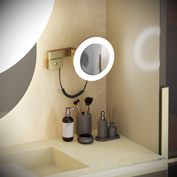 косметическое зеркало timo saona 15276/17, х-5 кратное увеличение, 220 в, холодный свет, с возможностью скрытого подключения, золото матовое