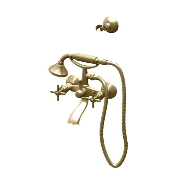gattoni trd смеситель для ванны настенный, tr501 х 18d0, с ручным душем и шлангом, настенный держатель, ручки paris, цвет золото 24к