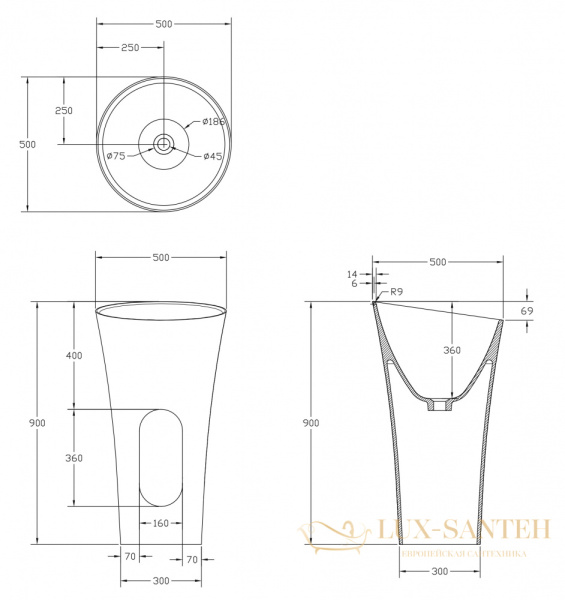 раковина напольная пристенная abber stein as2509-h, горизонтальный выпуск, 50х50х85h, белый матовый
